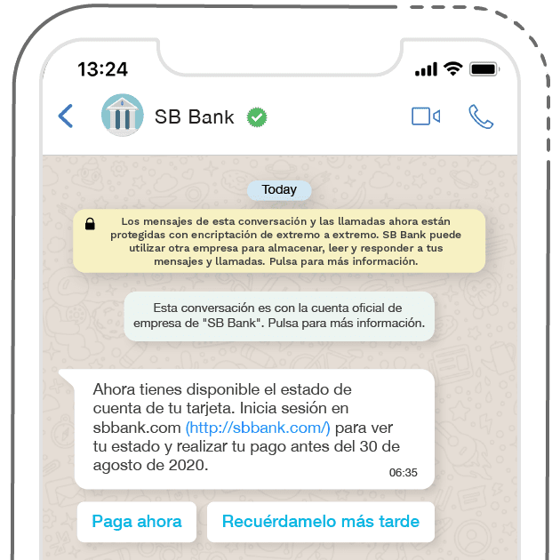 Ejemplo de un mensaje enviado desde la API de WhatsApp Business.